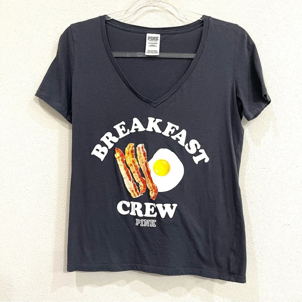 Pink Victoria's Secret Breakfast Crew Charcoal Gray Short Sleeve Tee - Small